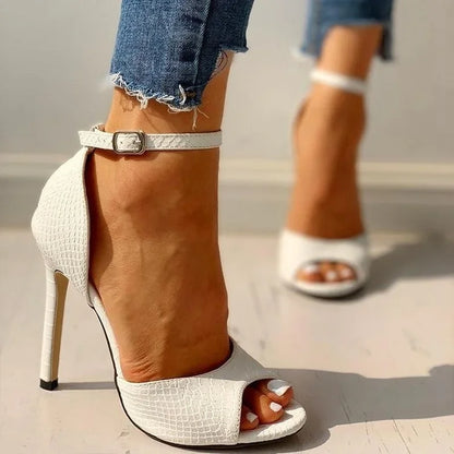 Dress Wedding Shoes Women Ankle Strap Peep Toe High Heel Sandals Sexy White Super High Heels Buckle Snake Pattern Woman Pumps