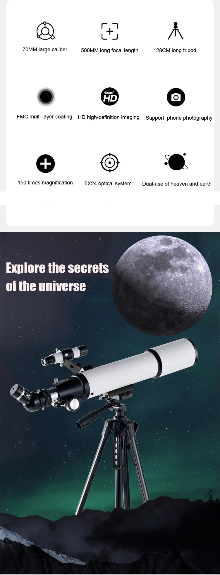 BORWOLF 70500 Professional Astronomical Telescope for Space Monocular  70MM Lens Powerful Night Vision for Star and Moon