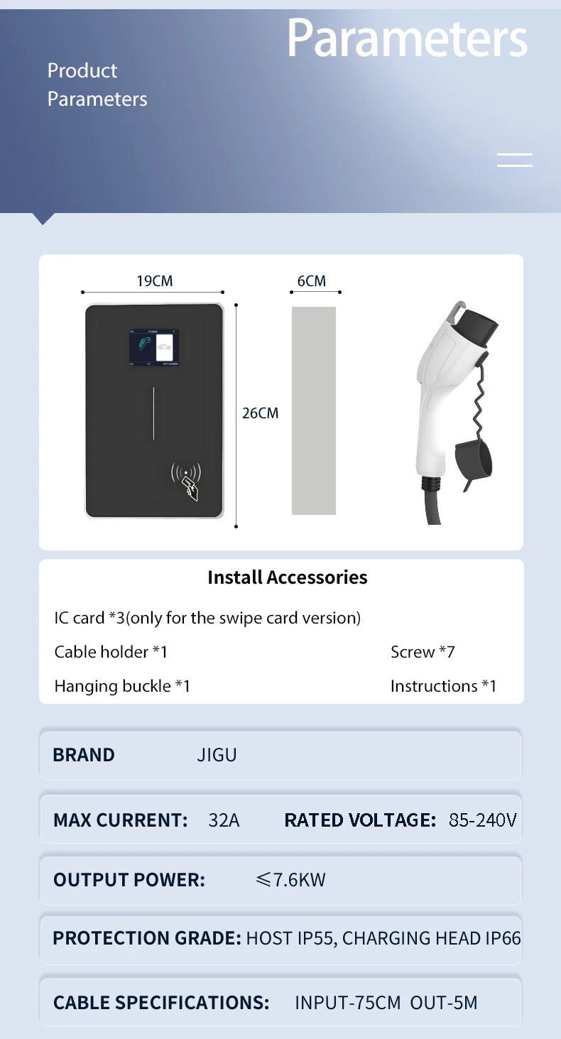 JIGU Type1 SAE J1772 EV Charger Station 32A Wallbox APP Function 7.6KW Charging Station Electric Vehicle Car