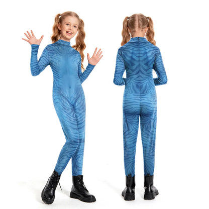 Boy Girl Avatar Jumpsuits Halloween Cosplay Costume Carnival Stage Performance Movie Kids Avatar with Tail Zentai Bodysuits