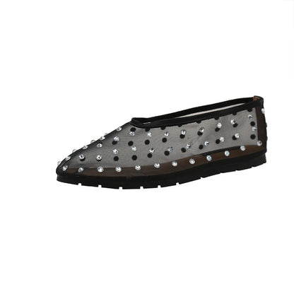Women Flats Luxury Crystal Rivet Design Sandals Summer Mesh Breathable Ballet Shoes Plus Size Ladies Elegant Party Dress Loafers