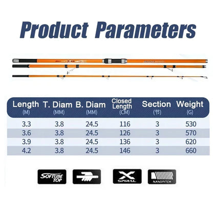3.3M 3.6M 3.9M 4.2M Carp Rod 35kg Surf Fishing Rod Portable Travel Surf Spinning Rod 3 Piece Carbon Fiber Saltwater Fishing Pole