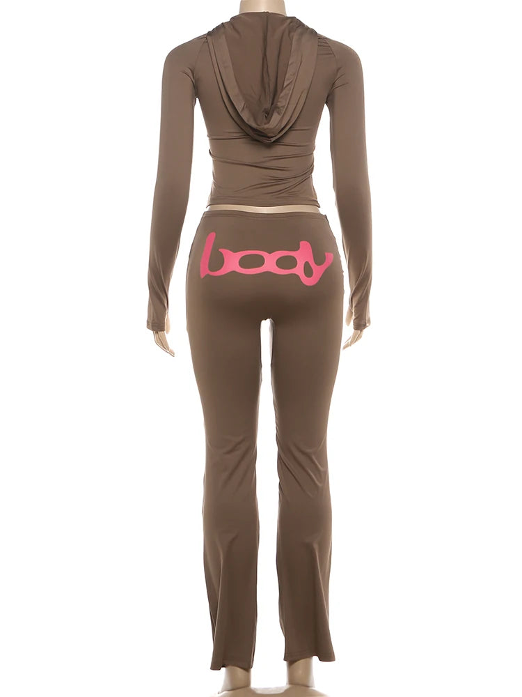 Weird Puss Letter Print Tracksuit 2-Piece Set Women Hooded Jacket+Leggings Matching Stretch Street Casual Sporty Slim Outfits