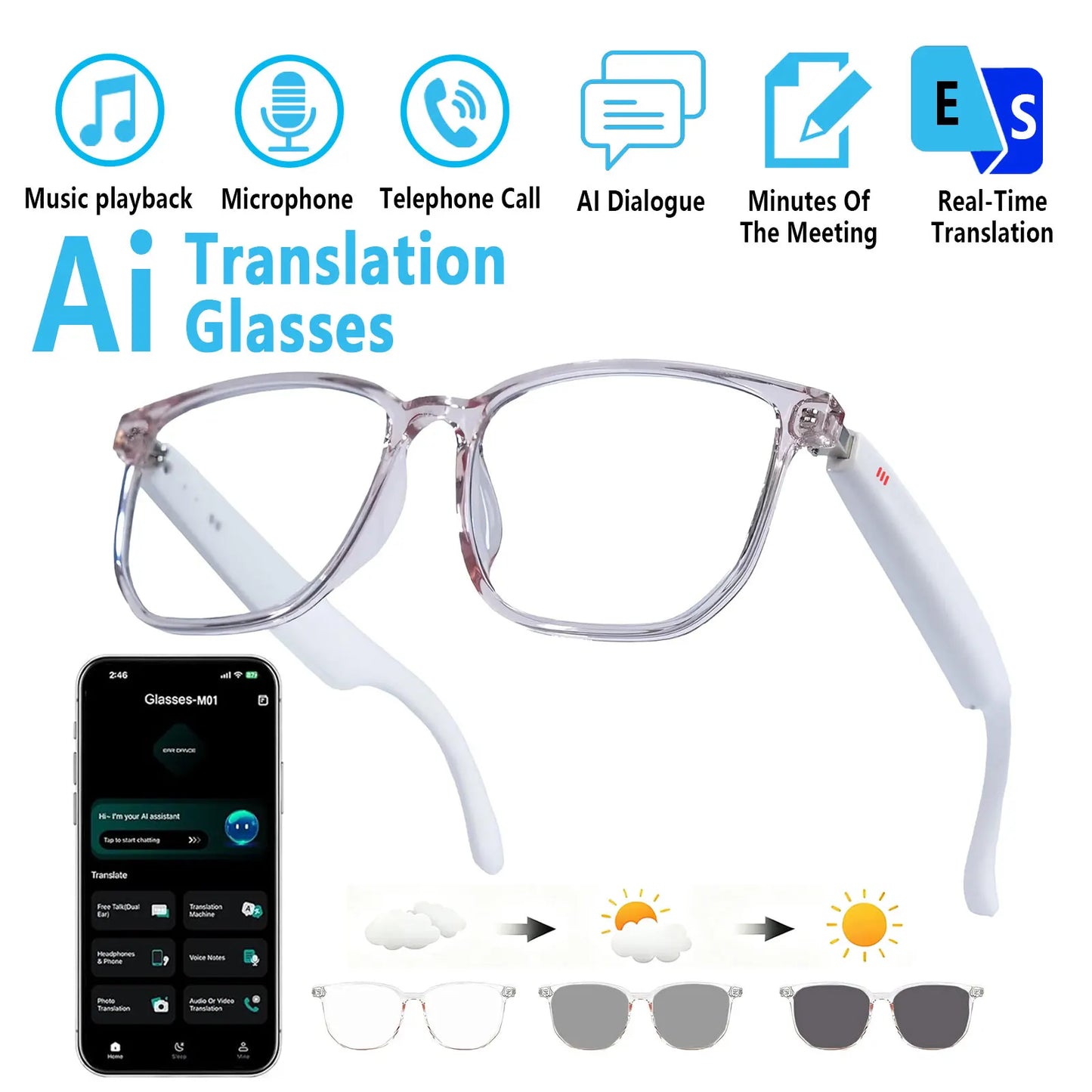 Smart Audio Glasses with Real-Time Translation Hi-Fi Music Playback Noise-Cancelling Voice Calls And Photochromic Lenses