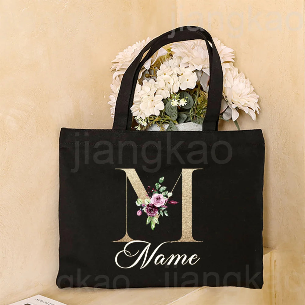 Personalized Initial with Name Tote Bag Women Canvas Shoulder Bags Monogram Shopping Bag Handbags Birthday Wedding Gifts for Her
