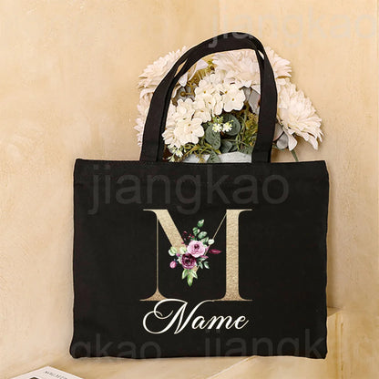 Personalized Initial with Name Tote Bag Women Canvas Shoulder Bags Monogram Shopping Bag Handbags Birthday Wedding Gifts for Her