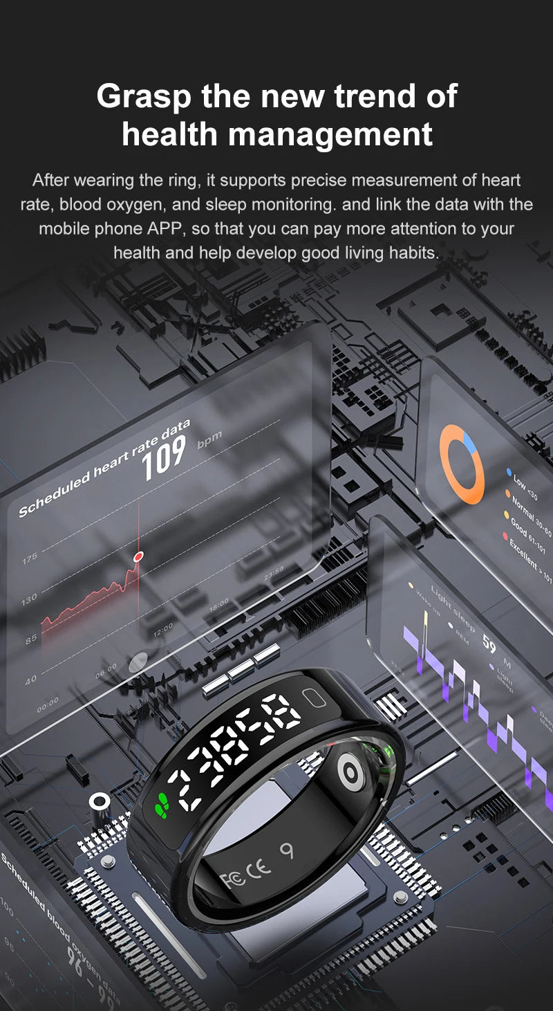 Touch Display Smart Ring R11C with Charging Box-1ATM Waterproof Step Health Tracker 5.2 BLE Heart Rate Blood Oxygen Monitor