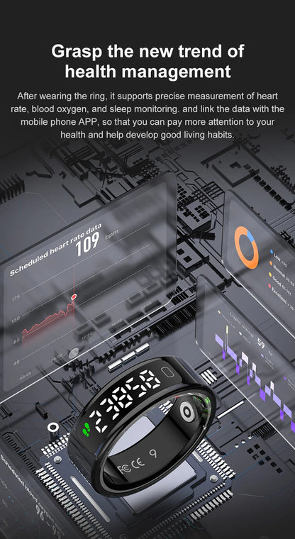 Touch Display Smart Ring R11C with Charging Box-1ATM Waterproof Step Health Tracker 5.2 BLE Heart Rate Blood Oxygen Monitor