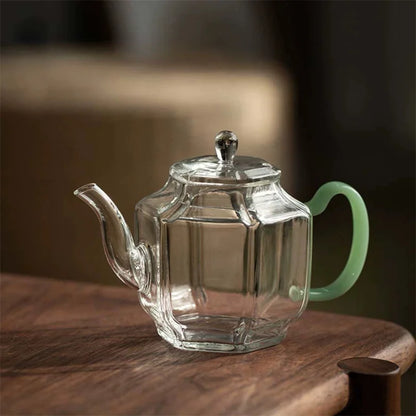 Hexagonal Imitation Jade Handle Glass Teapot Heat Resistant Small Capacity 210ml Boiling Flower Green Tea Pot Kung Fu Tea Set