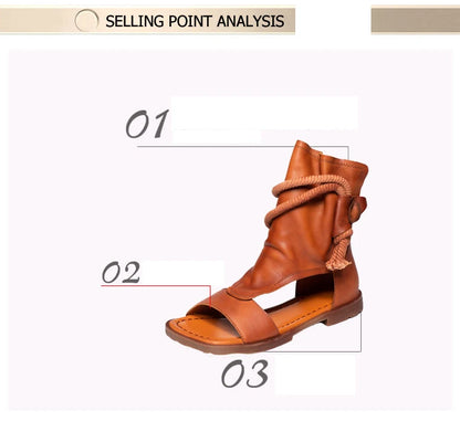 Birkuir High Top Open Toe Sandals For Women Summer Boots Luxury Hollow Out Beach Sandals Genuine Leather Flats Shoes Ladies