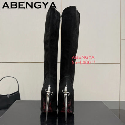 2025 Autumn Winter Fashion Pointy Toe Thin High Heels Long Boots Women Suede Leather Knee-High Boot Sexy Slim Knight Botas Mujer
