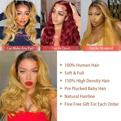 Honey Blonde Lace Front Wig PrePlucked 1B 27 Human Hair Wigs Ombre Body Wave Lace Front Human Hair Wig 180% Raw Bodywave 30 Inch