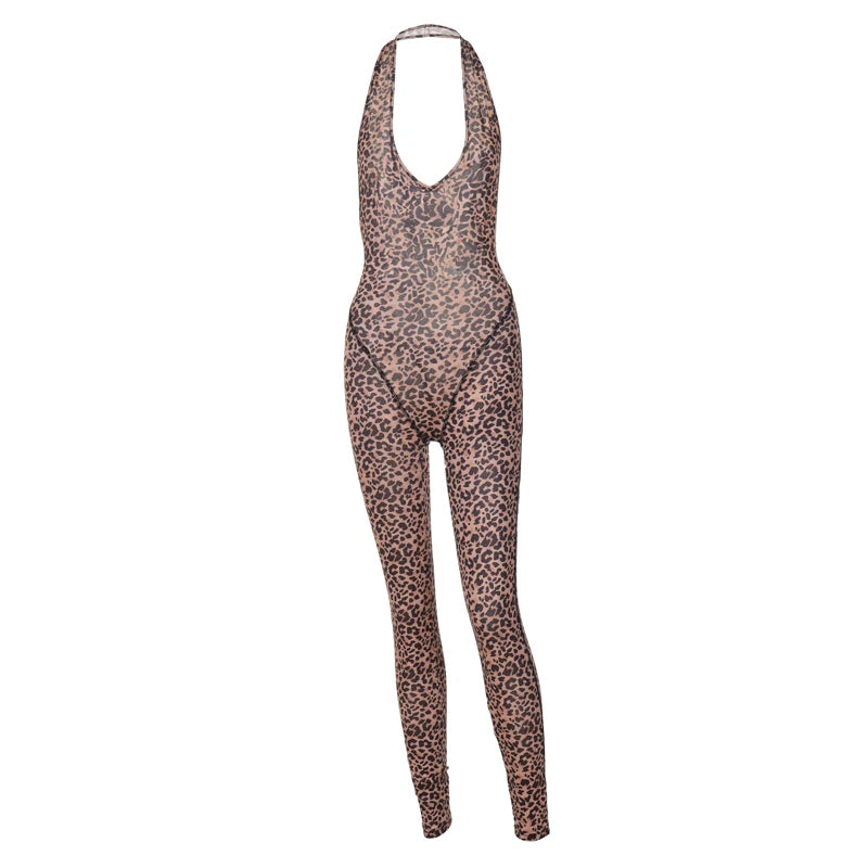 Hugcitar Leopard Print Halter Backless Slip Sexy Bodycon Jumpsuit 2025 Spring Summer Casual Outfits Streetwear Festival Romper