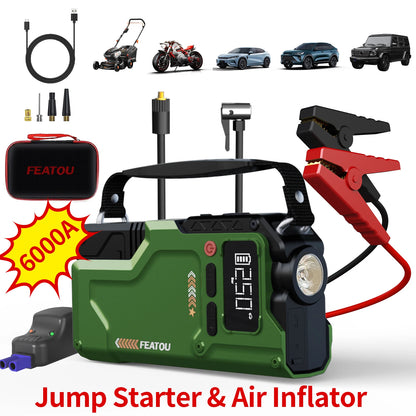 6000A Jump Starter With Air Compressor, 5 In 1 Function Jump Box 150PSl JumpStarter Battery Pack With Digital Tire Inflator,