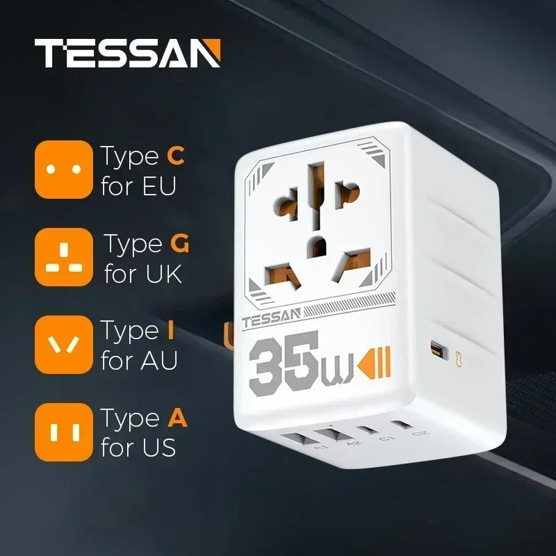 TESSAN 100W GaN Universal Travel Adapter with USB &Type C Fast Charging International Plug Adapter EU/UK/USA/AUS Plug for Travel