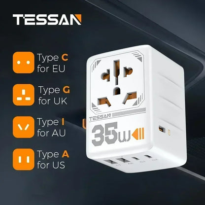TESSAN 100W GaN Universal Travel Adapter with USB &Type C Fast Charging International Plug Adapter EU/UK/USA/AUS Plug for Travel