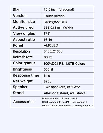 15.6inch 4K OLED Touch Screen Portable Monitor 500Nit USB-C HDMI-Compatible External 16:10 Gaming Display for Xbox Switch Laptop
