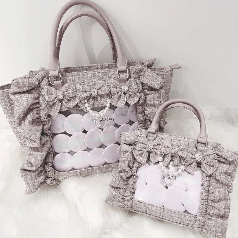 Sweet Y2k Aesthetic Transparent Bow Ita Bag Casual Chic Ruffle Fashion Women's Handbags All Match Kawaii Shoulder Crossbody Bags