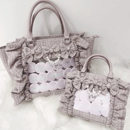 Sweet Y2k Aesthetic Transparent Bow Ita Bag Casual Chic Ruffle Fashion Women's Handbags All Match Kawaii Shoulder Crossbody Bags