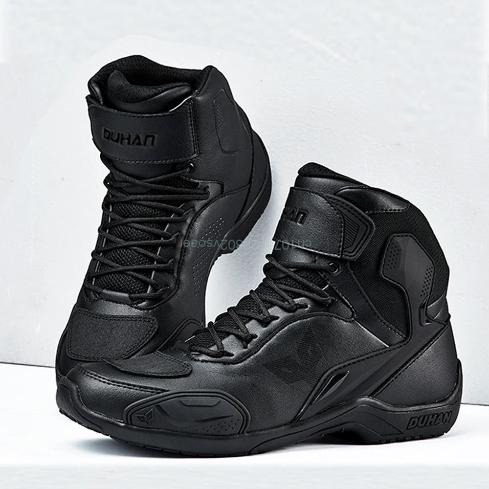 DUHAN  Motorcycle Boots Male Boots for Men Motocross Waterproof Anti Slip Fall Prevention Mid Top Leather Cycling Riding Shoes