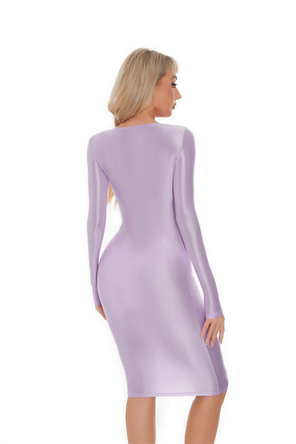 Sexy Women Oil Glossy Shiny Tight Pencil Dress Stain Smooth Bodycon Dress Elastic Push Up Packet Hip Stretch Step Dress