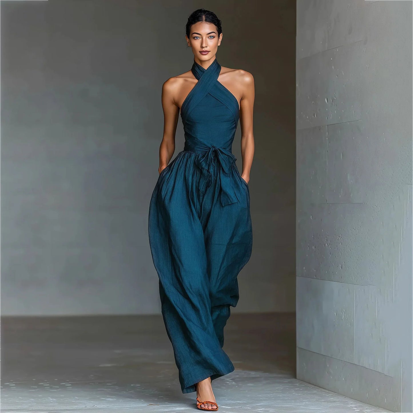 Chic High Waist Tie-up Wide Leg Pants Jumpsuit Women Sexy Criss Cross Halter Backless Zips Romper Summer Solid Office Overalls