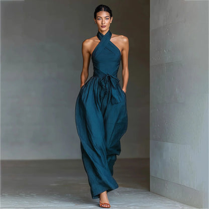 Chic High Waist Tie-up Wide Leg Pants Jumpsuit Women Sexy Criss Cross Halter Backless Zips Romper Summer Solid Office Overalls