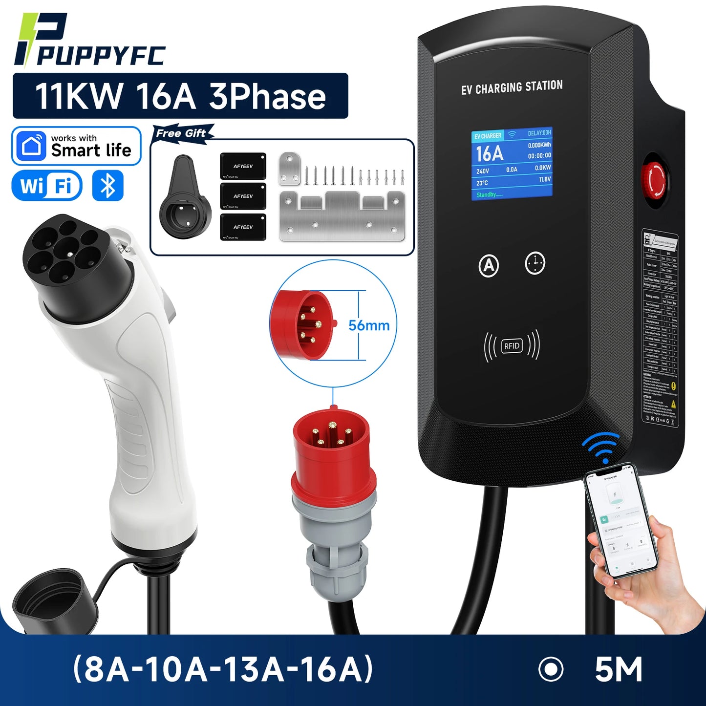 Puppyfc 7.6KW/11KW/22KW 3Phase EV Charging Station GBT 20234 Electric Car Charger EVSE Wallbox WiFi Bluetooth APP Remote Control