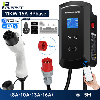 Puppyfc 7.6KW/11KW/22KW 3Phase EV Charging Station GBT 20234 Electric Car Charger EVSE Wallbox WiFi Bluetooth APP Remote Control