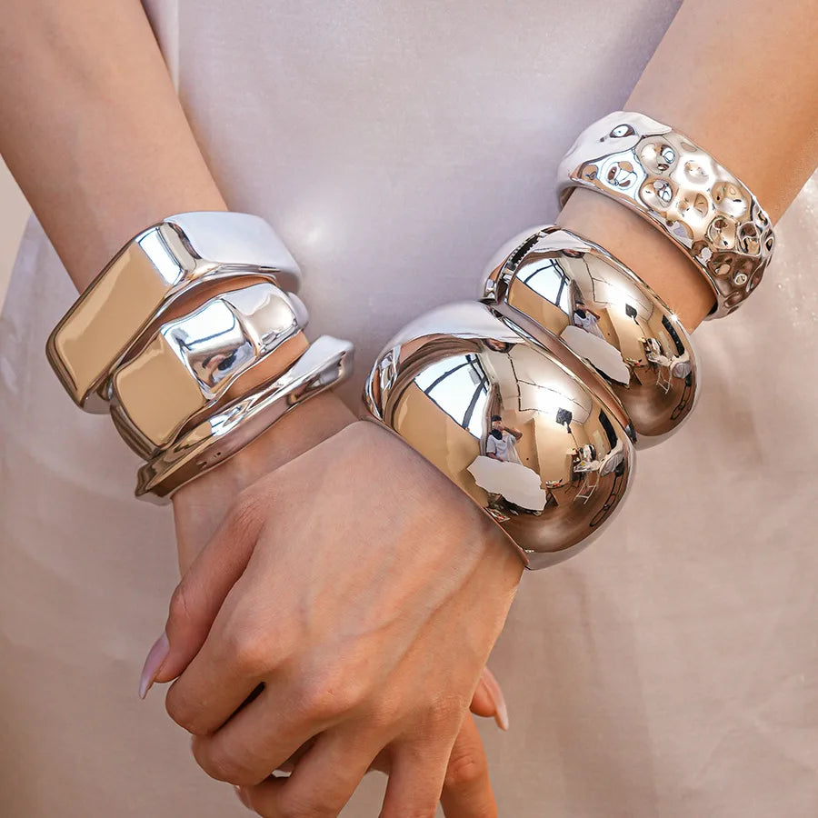 Punk Silver Color Acrylic Cuff Bracelet for Women Men Geometric Round Wide Bracelets Bangles Party Hand Accessories Gifts F