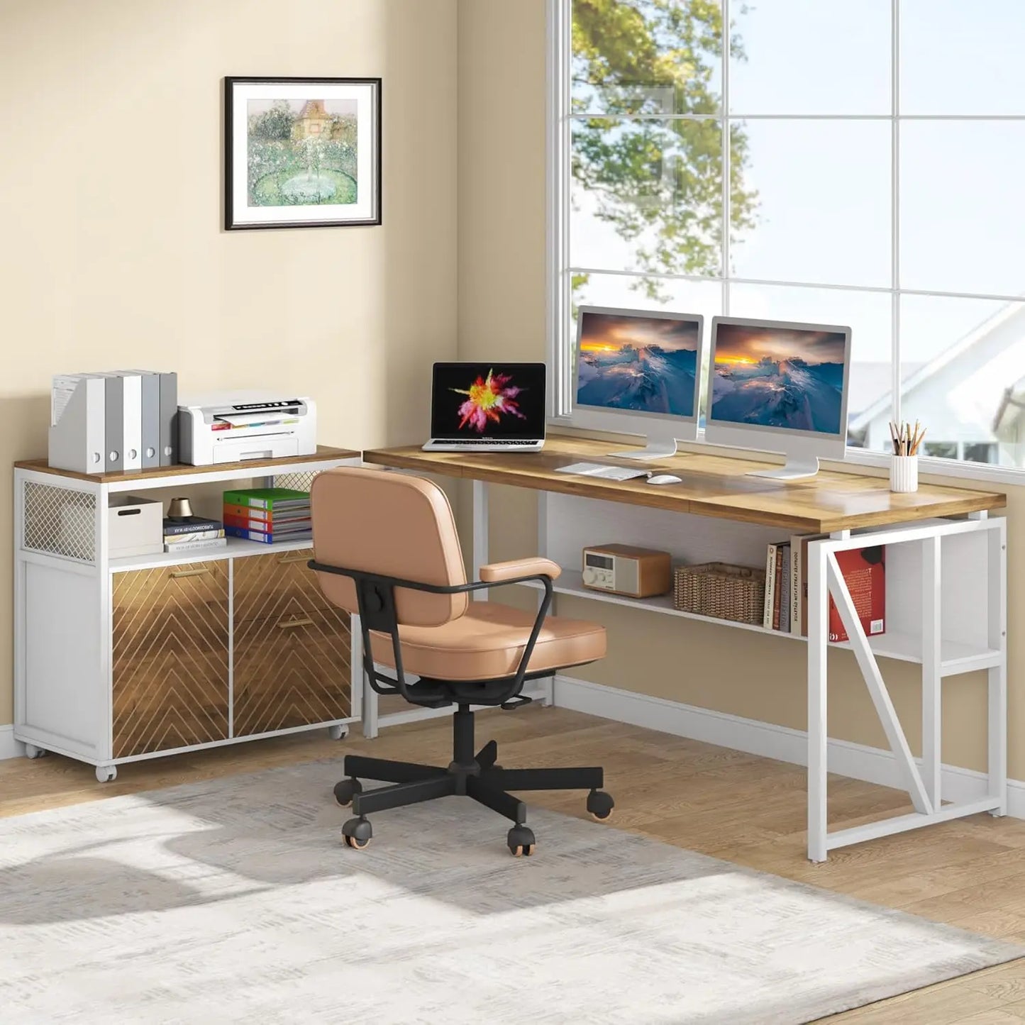 L Shaped Desk with Drawer,63" Executive Computer Desk and lateral File Cabinet, 2 Piece Home Office Furniture for, Customized