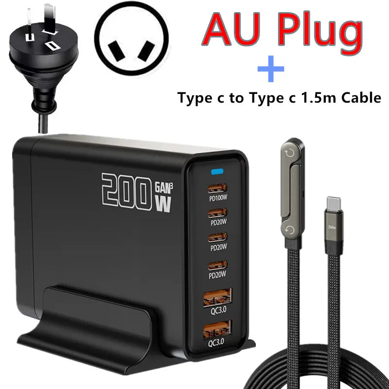 200W Desktop USB C Quick Charger GaN PD Fast Chager 6 port Mobile Charging Adapter For Laptop iPhone 17 16 15 Samsung Xiaomi﻿﻿