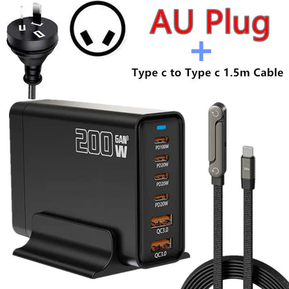 200W Desktop USB C Quick Charger GaN PD Fast Chager 6 port Mobile Charging Adapter For Laptop iPhone 17 16 15 Samsung Xiaomi﻿﻿