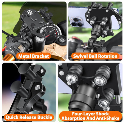 Motorcycle Phone Holder Universal Aluminum Alloy Shock-Absorbing Motos Handlebar Navigation Bracket 360° Rotary Adjustable Stand