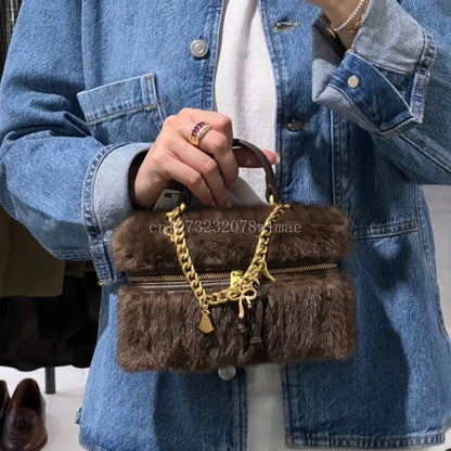 Faux Fur Mini Box Bags Luxury Designer Handbag for Women Trendy Ladies Fashion Casual Chain Elegant Shoulder Bags Crossbody Bag
