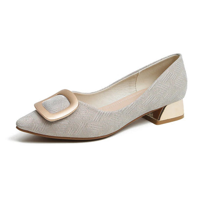 Womens Light Blue Glitter Pointed Toe Block Heel Pumps With Gold Square Buckle Detail Metallic Heel Elegant Dress Shoes Ladies