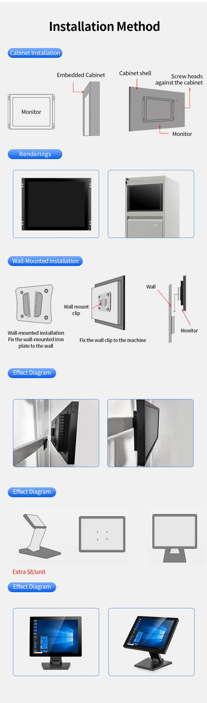 17 Inch Flat True Capacitive Touch Screen Monitor Waterproof Wall Mount Metal Case Industrial Square Display With VGA HDMI USB