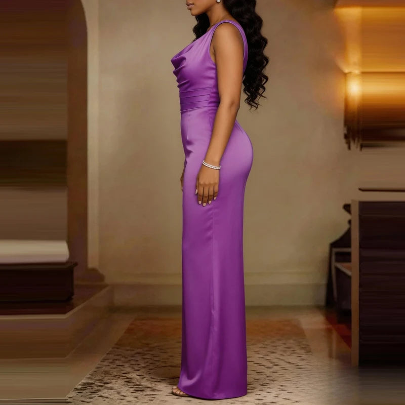 Sexy Swing Collar Waisted Solid Satin Jumpsuit Fashion Commute Wide Leg Pants Romper Women Casual Sleeveless Pleat Long Playsuit
