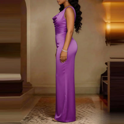 Sexy Swing Collar Waisted Solid Satin Jumpsuit Fashion Commute Wide Leg Pants Romper Women Casual Sleeveless Pleat Long Playsuit