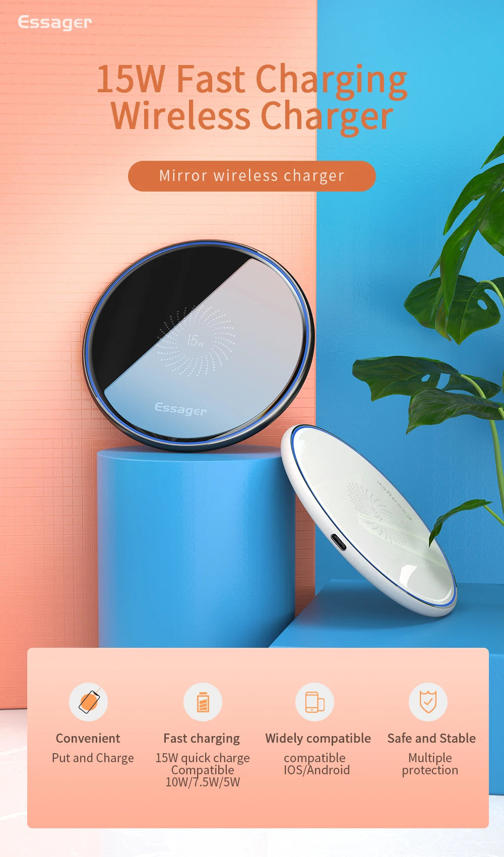Essager 15W Qi Wireless Charger Fast Wireless Charging Pad Quick Induction Wirless Charger For iPhone 14 Pro max Xiaomi mi 9 Pro
