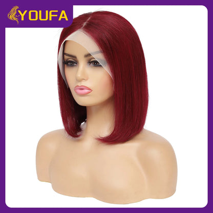 Burgundy 13x4 Lace Front Wigs With Bangs New Style 100% Brazilian Straight Human Hair Wigs Transparent Lace Frontal Bang Wigs
