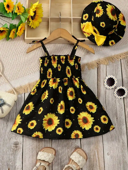 2026 Girls' Leisure New Spring and Summer Sunflower Printed Bow Decoration Strap Loose Comfortable Dress Small Skirt