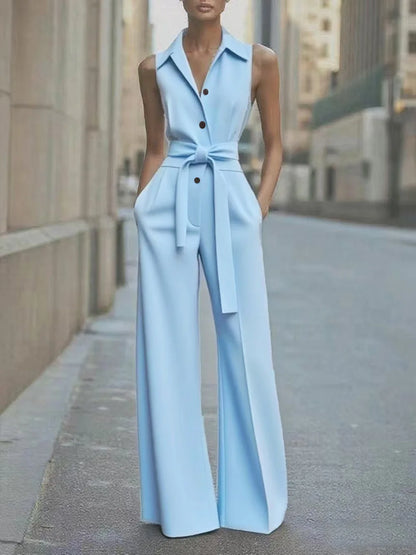 Sleeveless Lapel Jumpsuit Women's Fashion Button Down Shirt Collar Solid Color Wide Leg Commuting Office With Pocket Jumpsuit