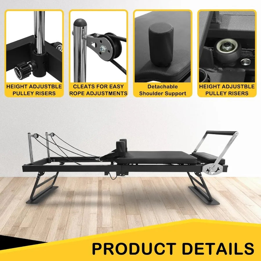 Heavy Duty Foldable Pilates Reformer Machine with Resistance Cords and Wheels for Home and Gym Use Ideal for Comprehensive Full
