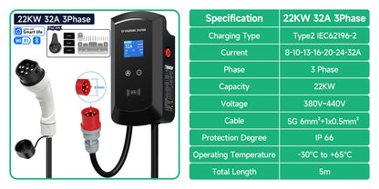 Puppyfc EV Charger 32A 7.6KW Electric Vehicle Car Charger EVSE Wallbox 11KW 22KW 3Phase Type2 5m IEC62196-2 Socket APP Control