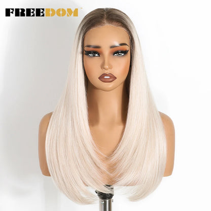 FREEDOM 9x6 Pre Plucked Synthetic Lace Front Wigs For Women Straight Layerd Wig 24" Ombre Blonde Wear And Go Glueless Lace Wigs
