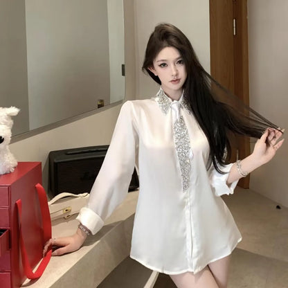 2025 Women's White Shirt New Spring Autumn Crystal Beading With Necktie Chiffon Shirt Female Blouses Ladies Tops Women Clothing