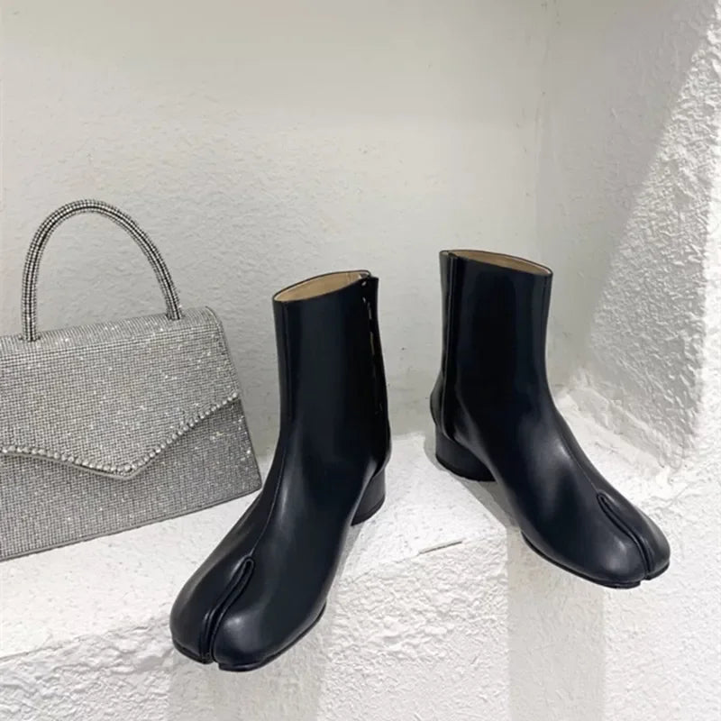 Luxury Design Fashion Split Toe Shoes 2026 Autumn Winter New Ankle Boots Genuine Leather Low Heels Women's Boots