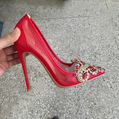 New Design Red Diamond Sexy 12cm 10cm Woman High Heels Pointed Toe Shallow Stilettos Pumps Lace Breathable Wedding Party Shoes