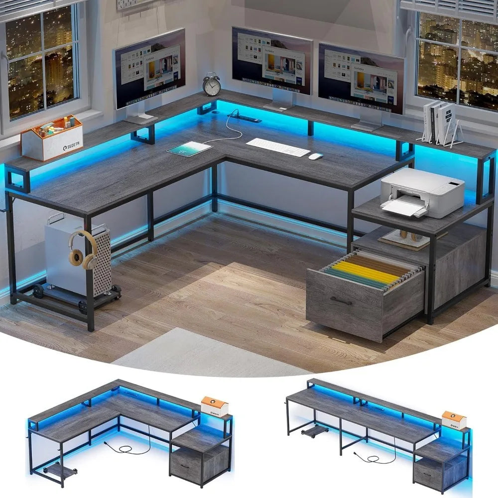 Office Desk with Wood File Drawer & Power Outlet,Gaming Desk with Led Lights,Corner Computer Desk with Monitor Shelf,Customized